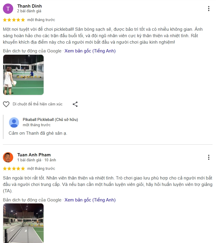 Đánh giá của người chơi tại sân Pickleball Pikaball