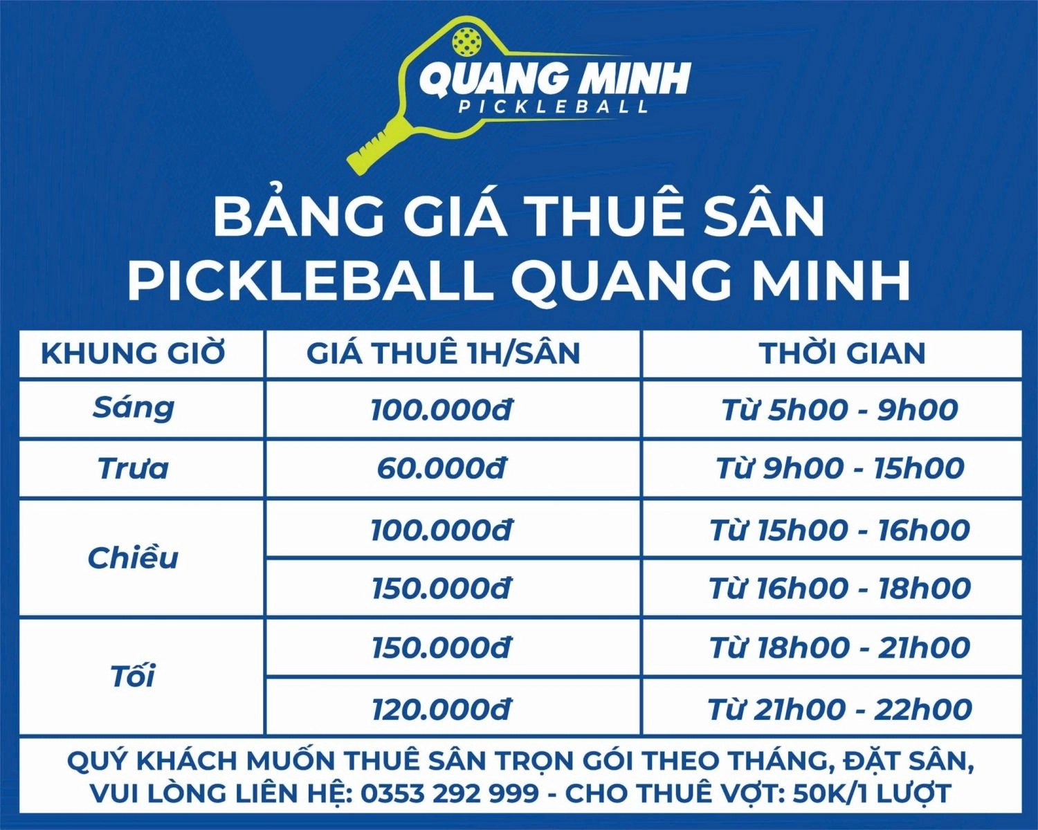 Giá thuê sân Pickleball Quang Minh