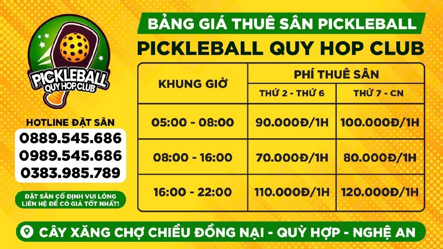 Giá thuê sân Pickleball Quỳ Hợp