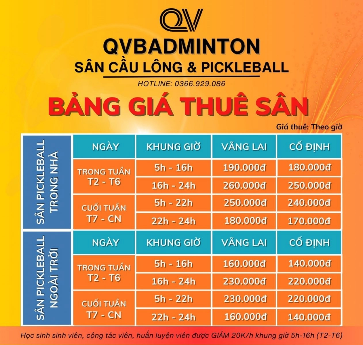 Giá thuê sân Pickleball QVBadminton