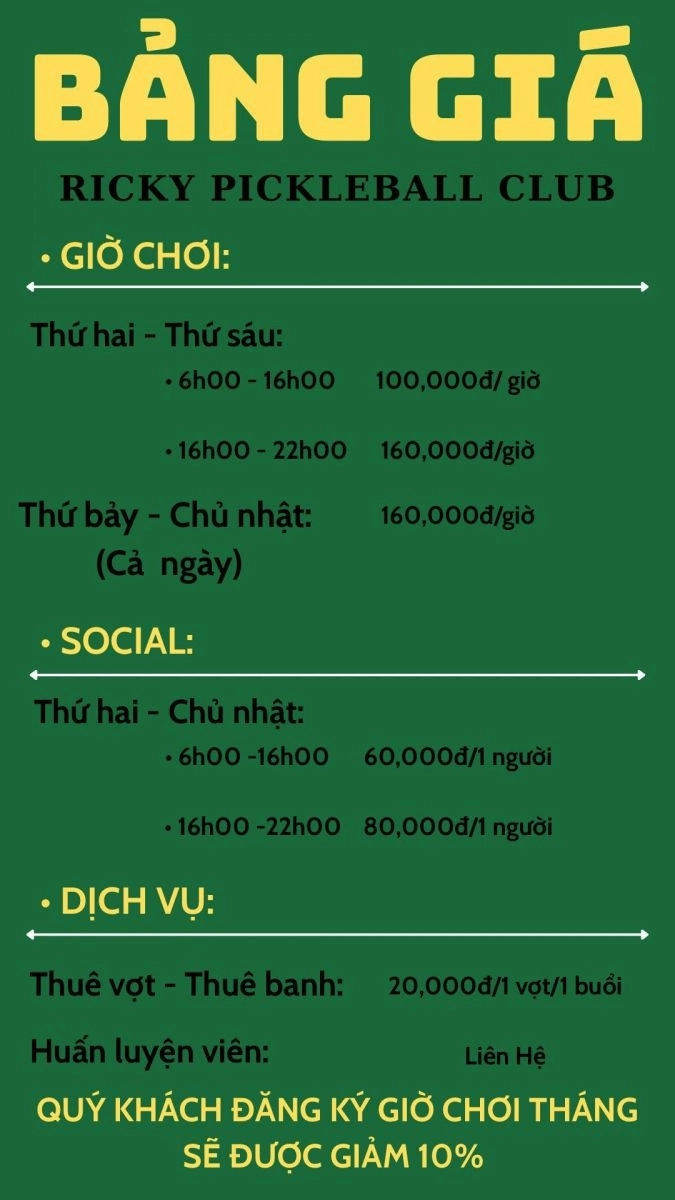 Giá thuê sân Pickleball Ricky