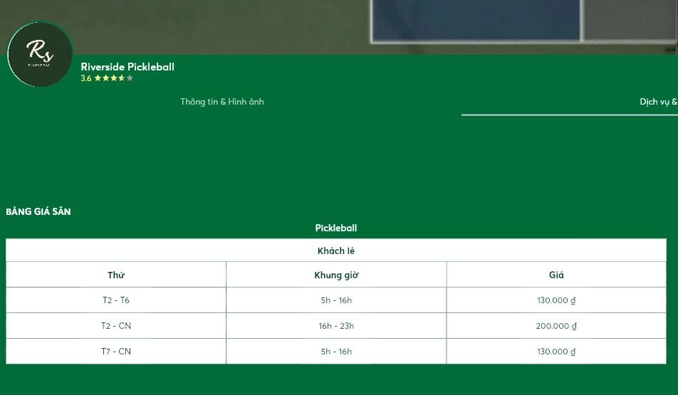 Bảng giá thuê sân pickleball Riverside tại Long Biên