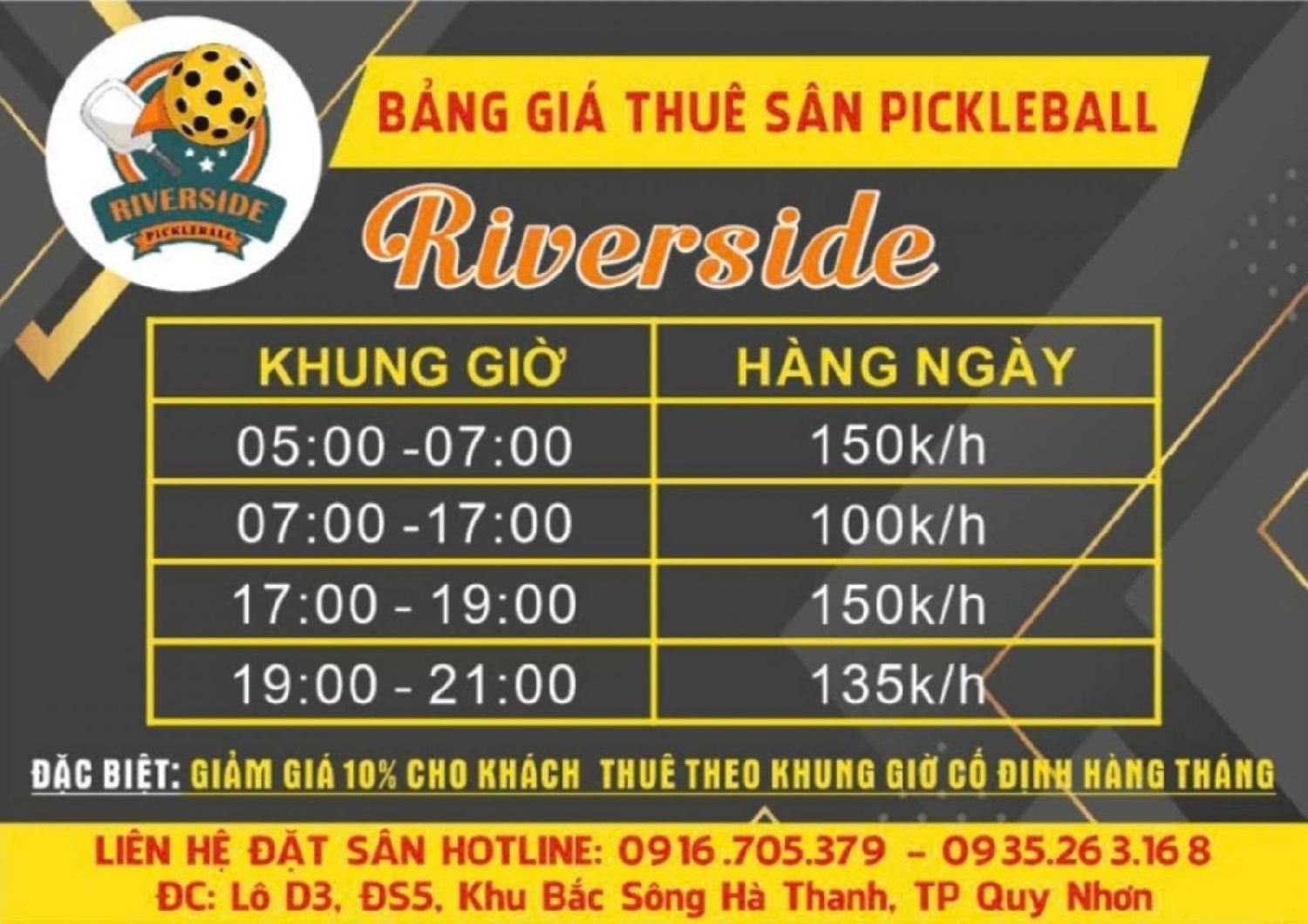 Giá thuê sân Pickleball Riverside Quy Nhơn