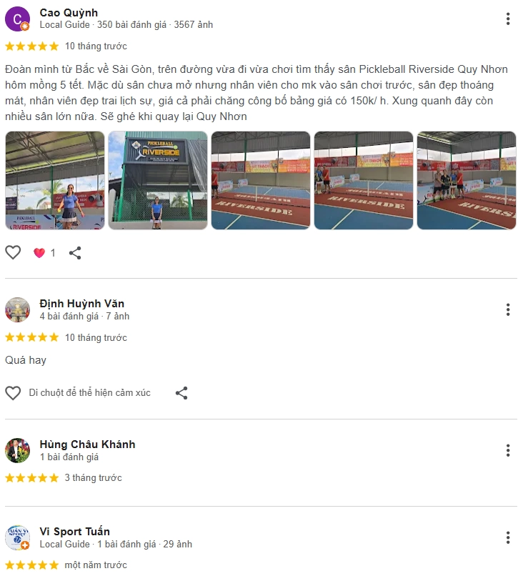 Đánh giá của người chơi tại sân Pickleball Riverside Quy Nhơn