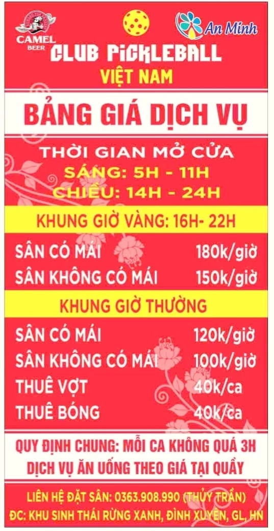 Giá thuê sân Pickleball Rừng Xanh Yên Viên