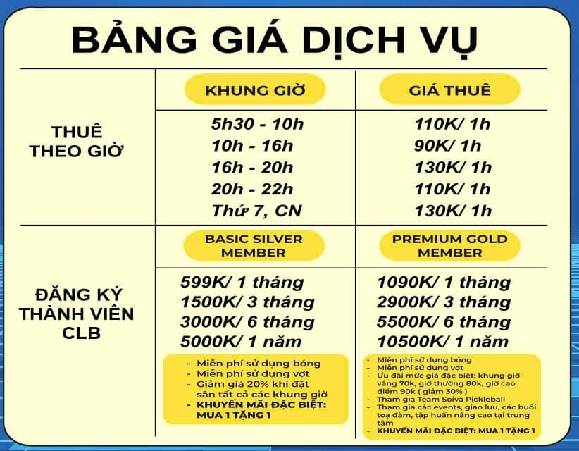 Giá thuê sân Pickleball Soiva