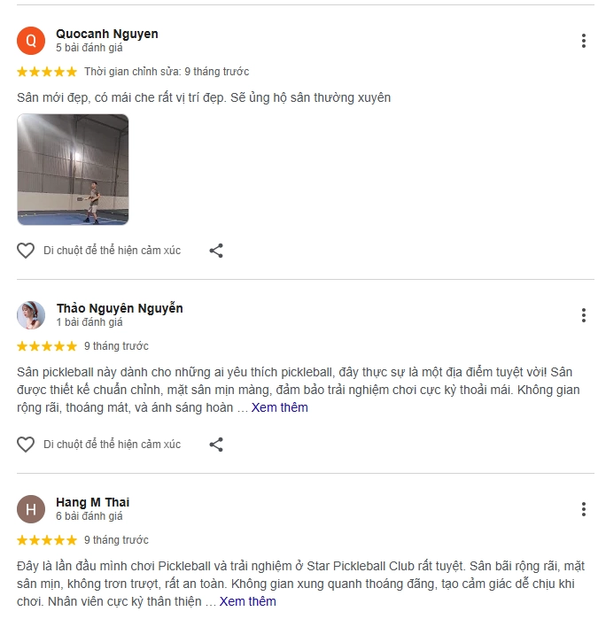 Đánh giá của người chơi tại sân Pickleball Star Club 181 Cầu Cốc