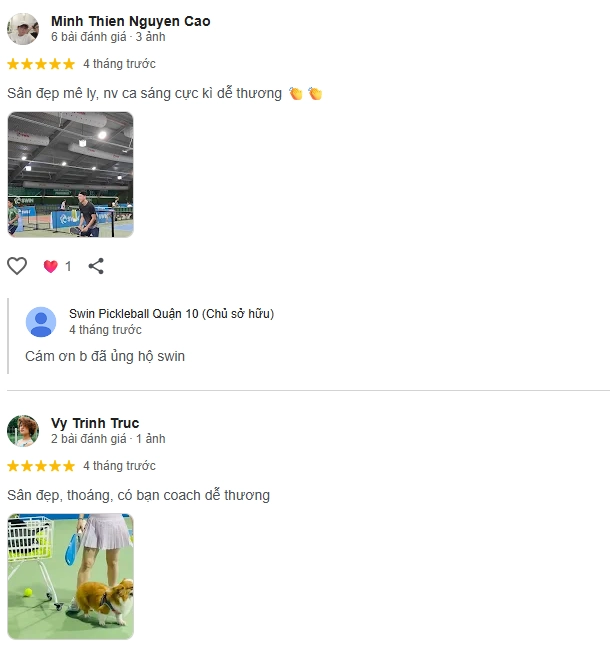 Đánh giá của người chơi tại sân Pickleball SWIN 1