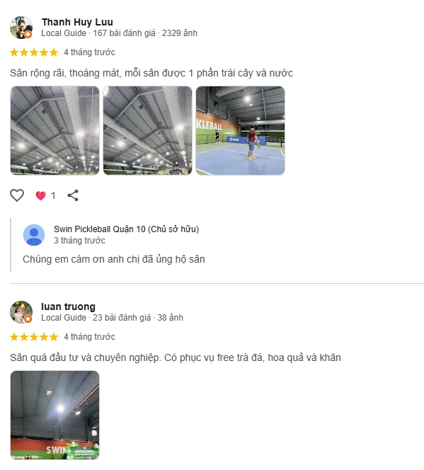 Đánh giá của người chơi tại sân Pickleball SWIN 2