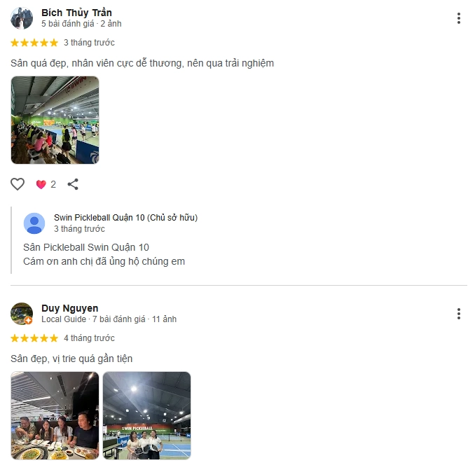 Đánh giá của người chơi tại sân Pickleball SWIN 3