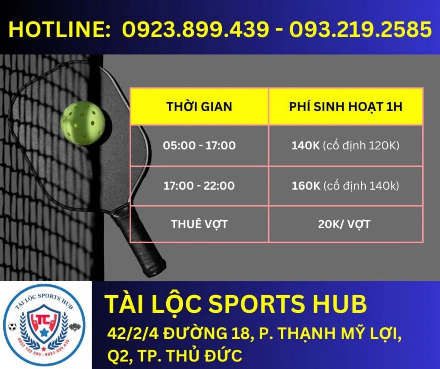 Giá thuê sân Pickleball Tài Lộc