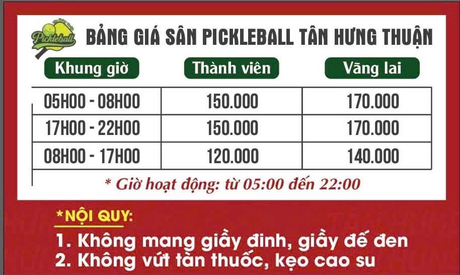 Giá thuê sân Pickleball Tân Hưng Thuận