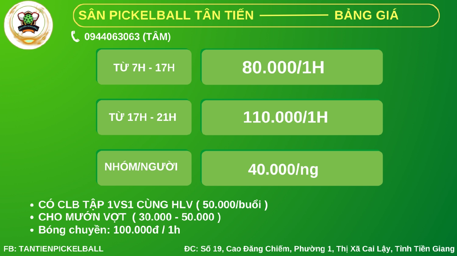 Giá thuê sân Pickleball Tân Tiến Cai Lậy