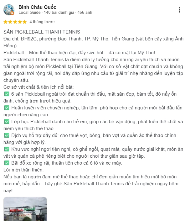 Đánh giá của người chơi tại sân Pickleball Thanh