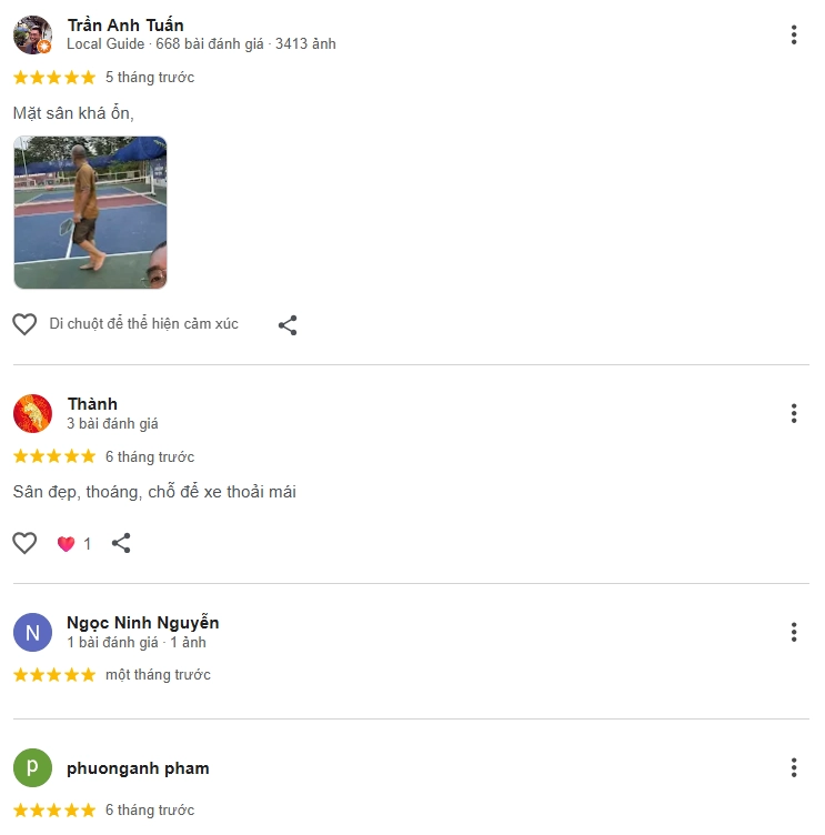 Đánh giá của người chơi tại sân Pickleball Thanh Liệt