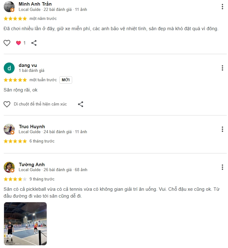 Đánh giá của người chơi tại sân Pickleball Thành Thái