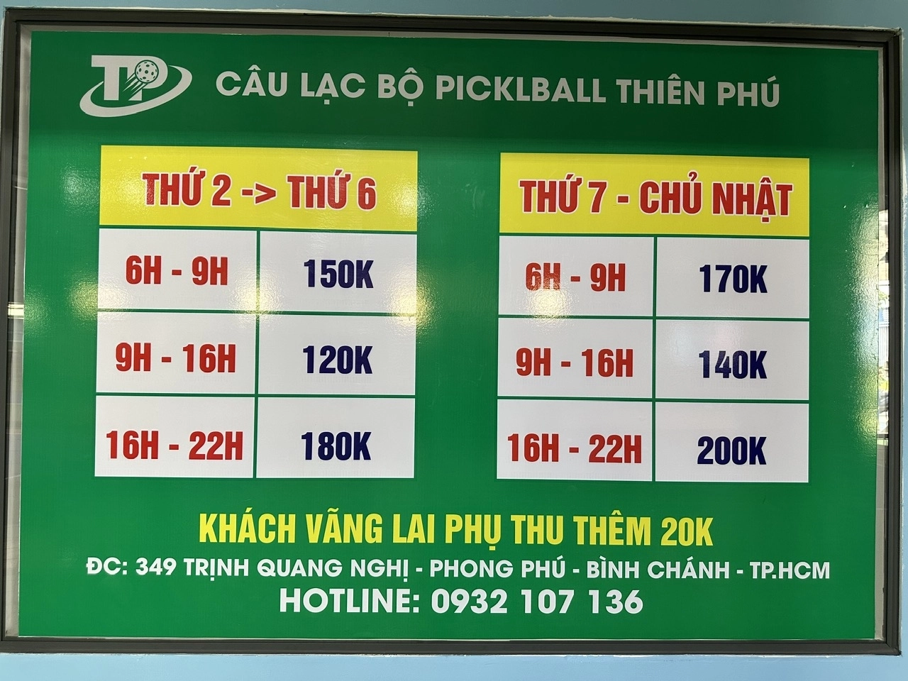 Giá thuê sân Pickleball Thiên Phú