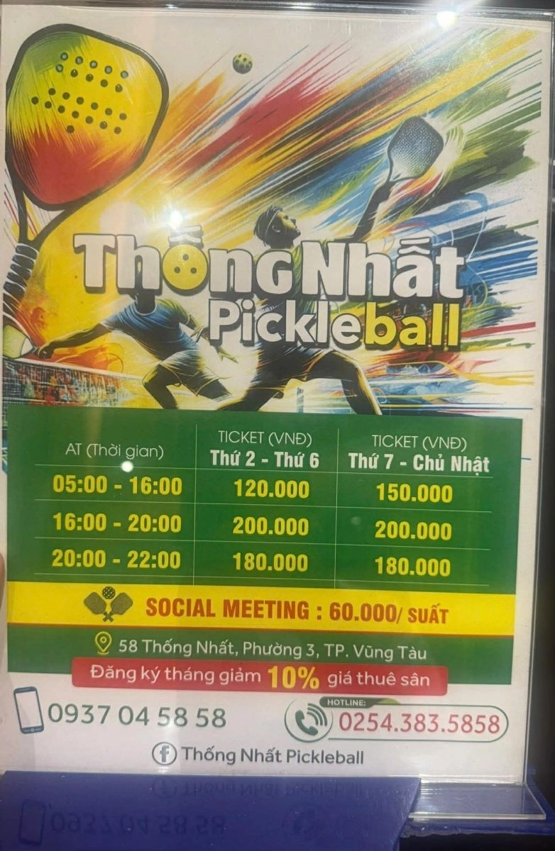 Bảng giá thuê sân tại sân pickleball Thống Nhất Vũng Tàu