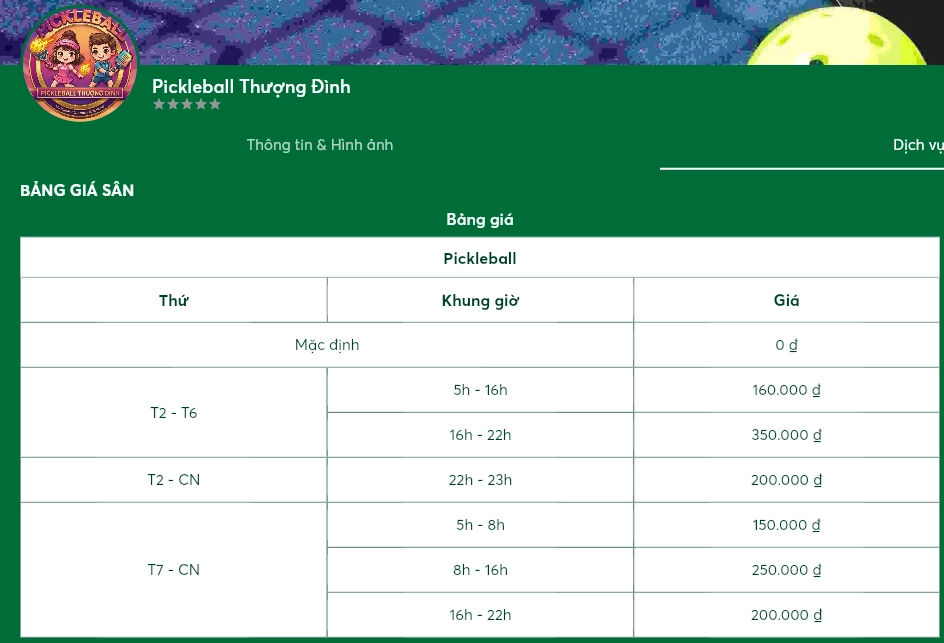 Giá thuê sân Pickleball Thượng Đình