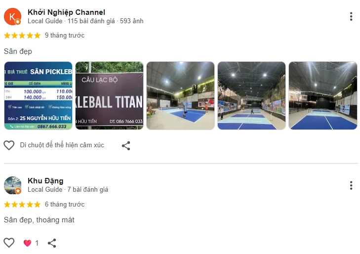 Đánh giá của người chơi tại sân Pickleball Titan