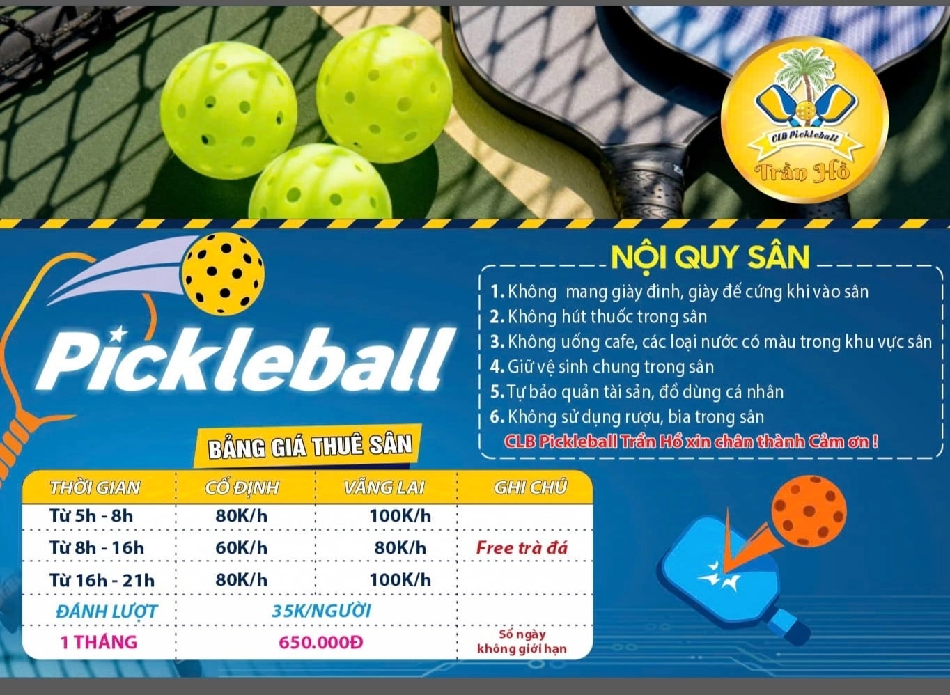 Giá thuê sân Pickleball Trần Hồ