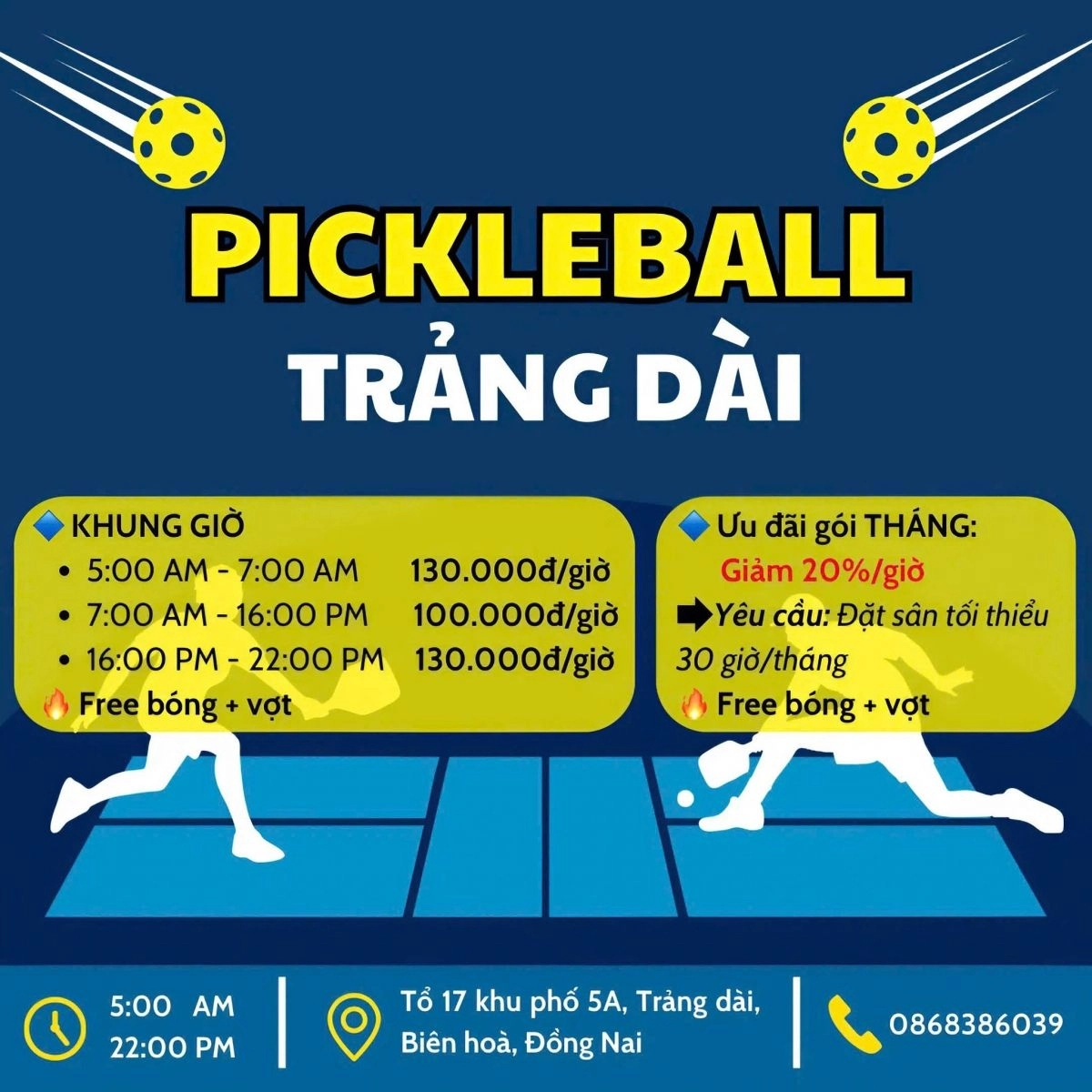 Giá thuê sân Pickleball Trảng Dài