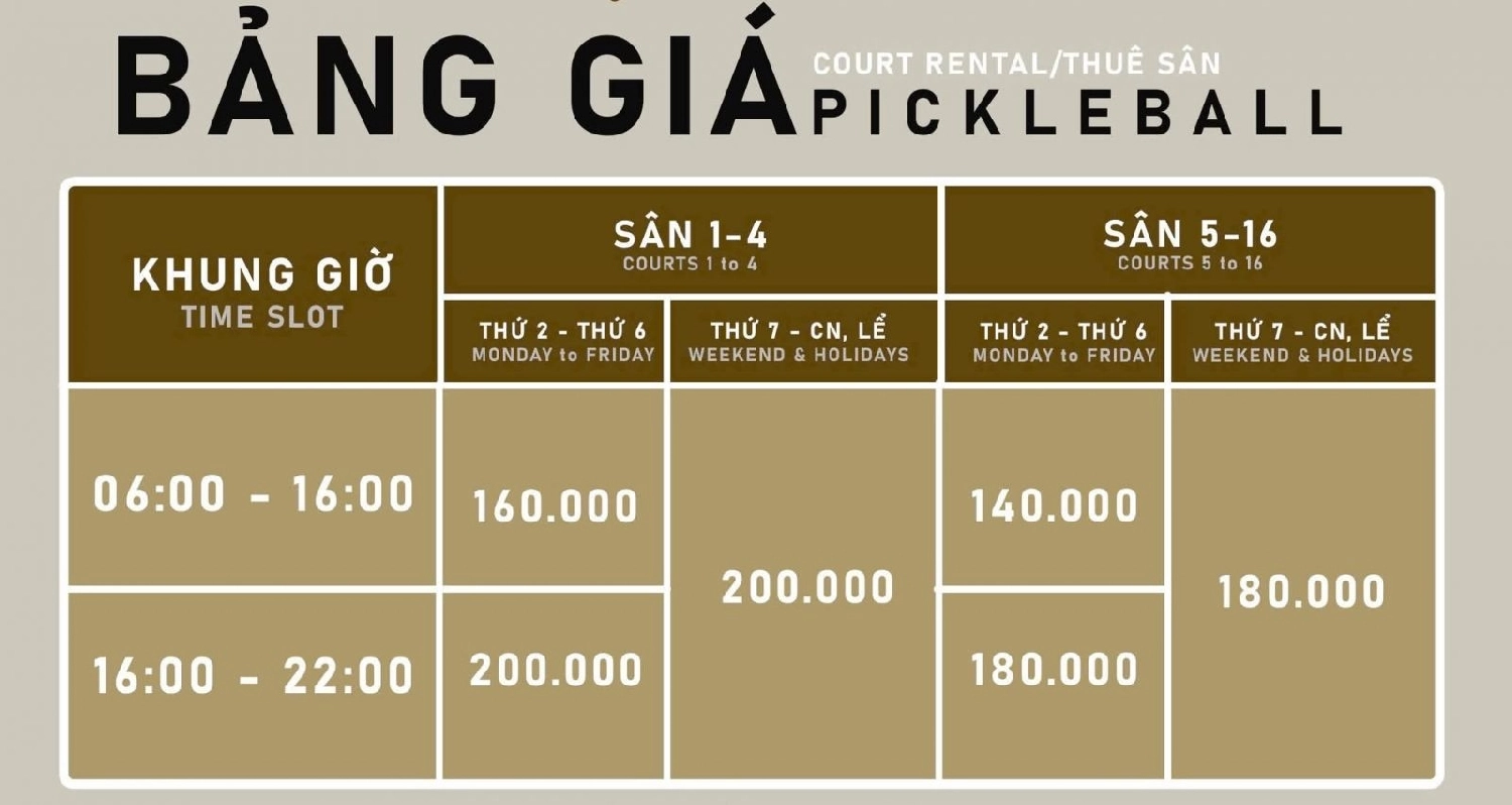 Bảng giá thuê sân Pickleball Trang Hoàng Đà Nẵng