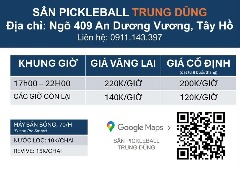 Bảng giá sân pickleball Trung Dũng tại Hà Nội
