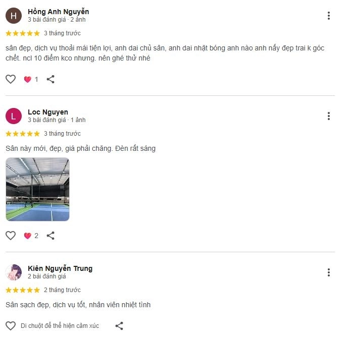 Những đánh giá trên google map về sân pickleball Trung Dũng tại Hà Nội
