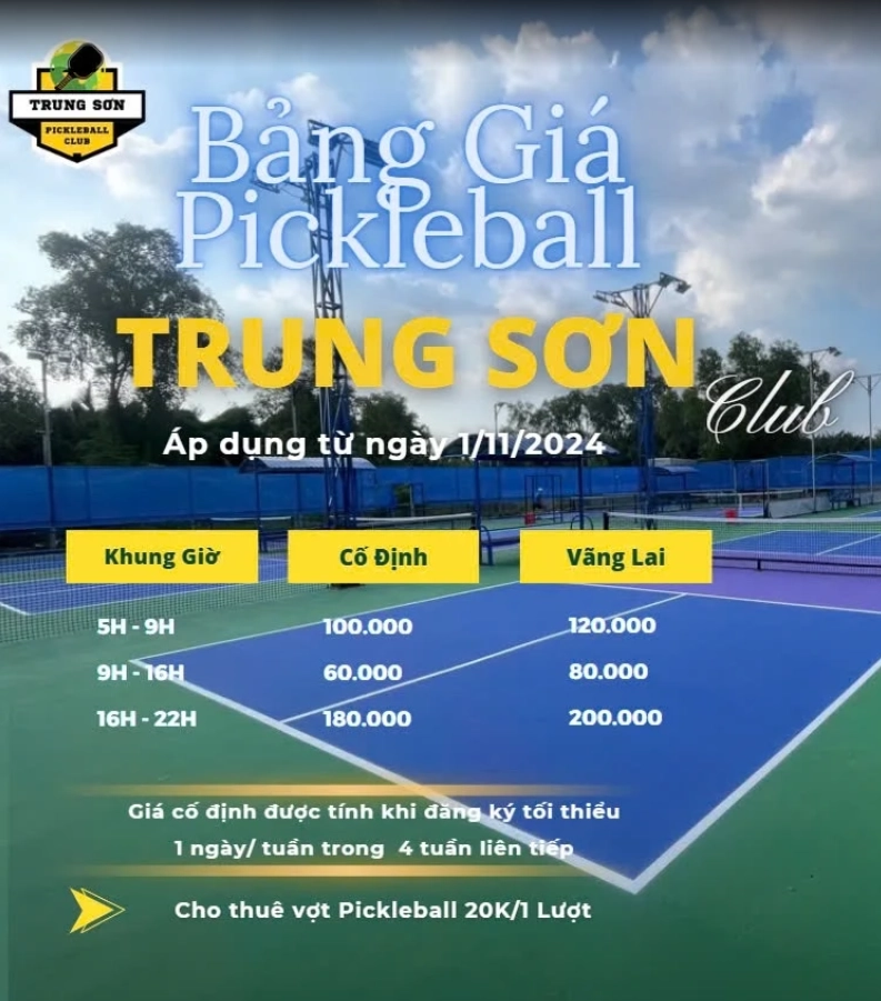 Bảng giá thuê sân Pickleball Trung Sơn