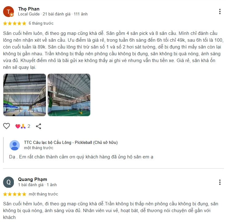 Đánh giá của người chơi tại sân Pickleball TTC