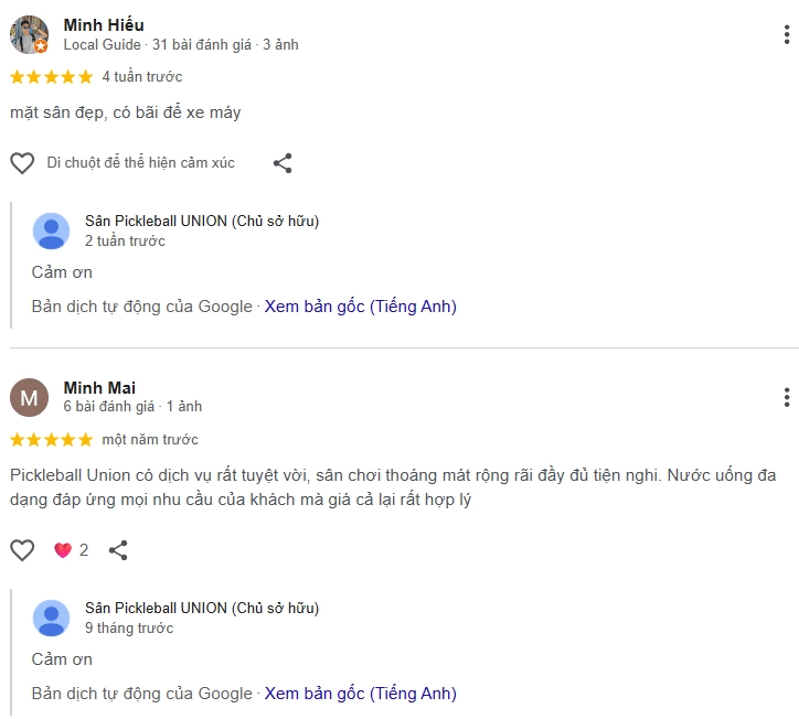 Đánh giá của người chơi tại sân Pickleball Union