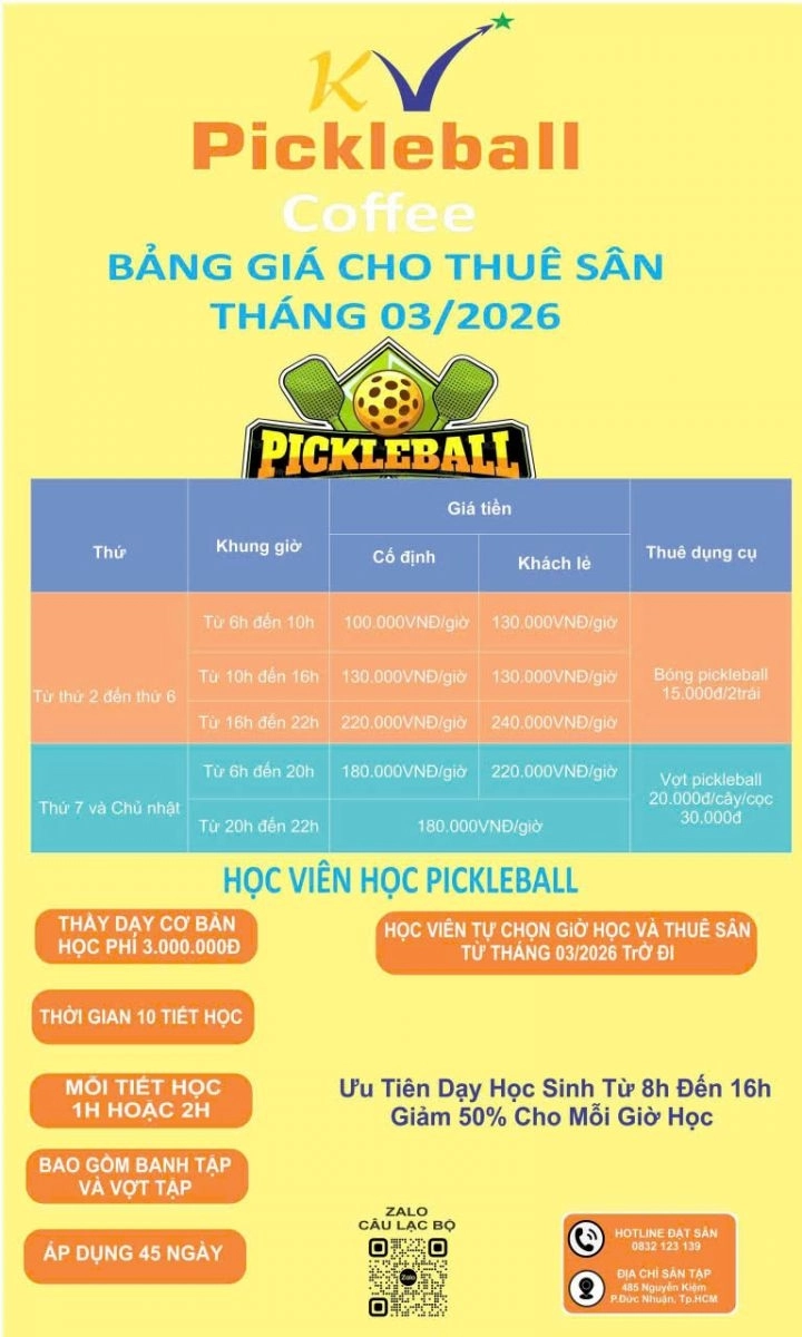 Bảng giá thuê sân pickleball và cafe kiều vũ