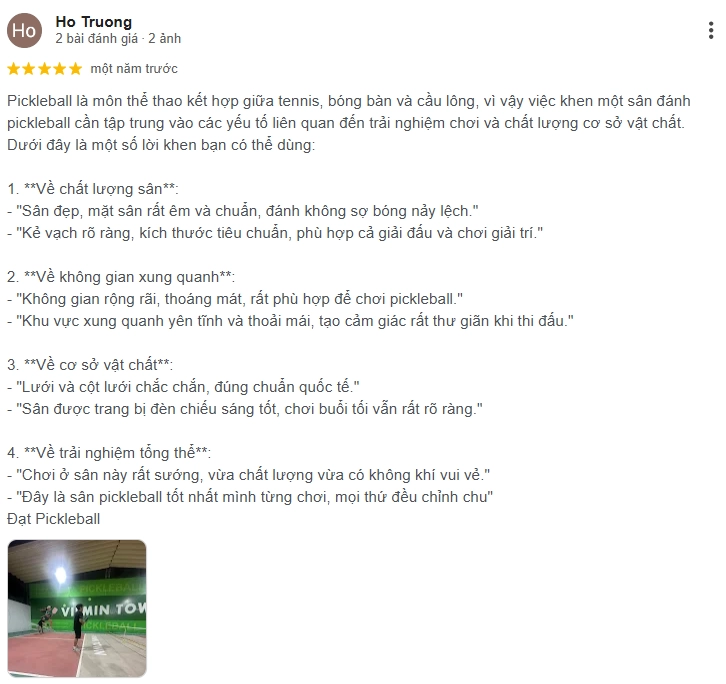 Đánh giá của người chơi tại sân Pickleball Viemin Town