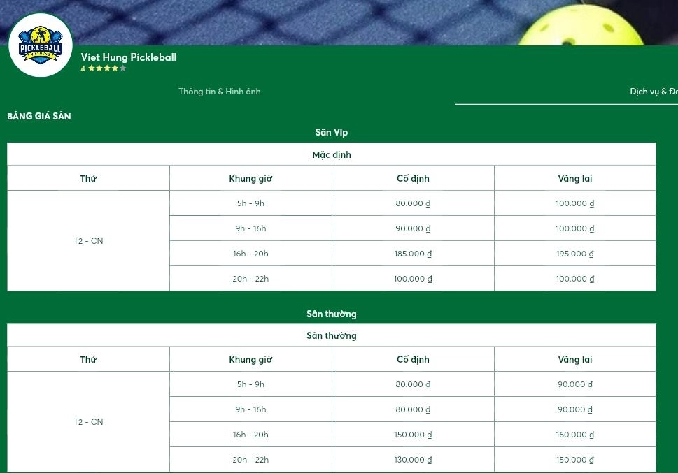 Bảng giá thuê sân pickleball Việt Hưng