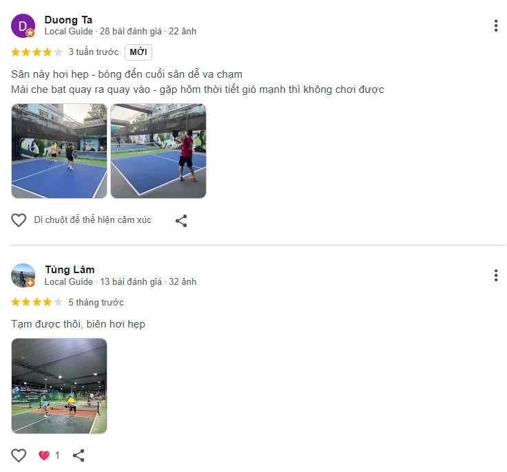 Đánh giá của người chơi tại sân Pickleball Vĩnh Hoàng