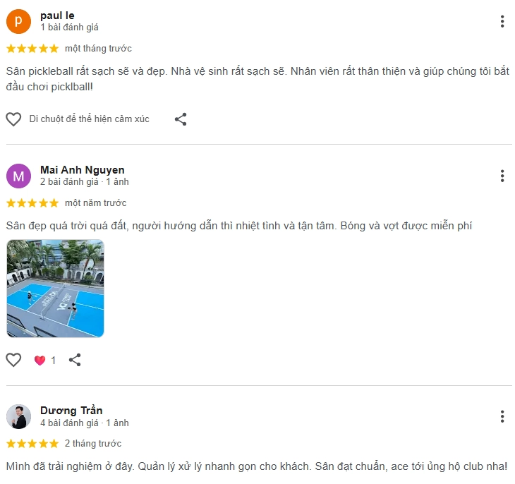 Đánh giá của người chơi tại sân Pickleball VQ