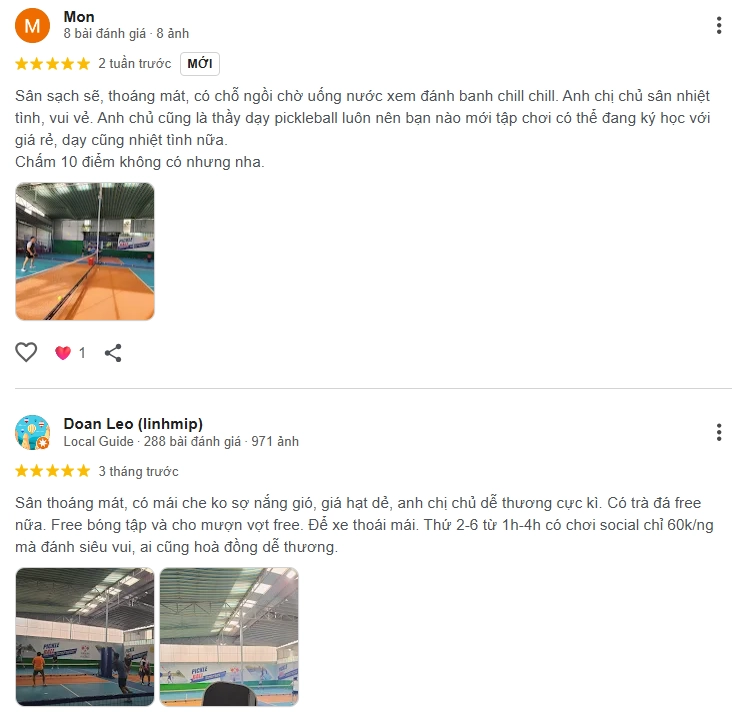 Đánh giá của người chơi tại sân Pickleball Winwin