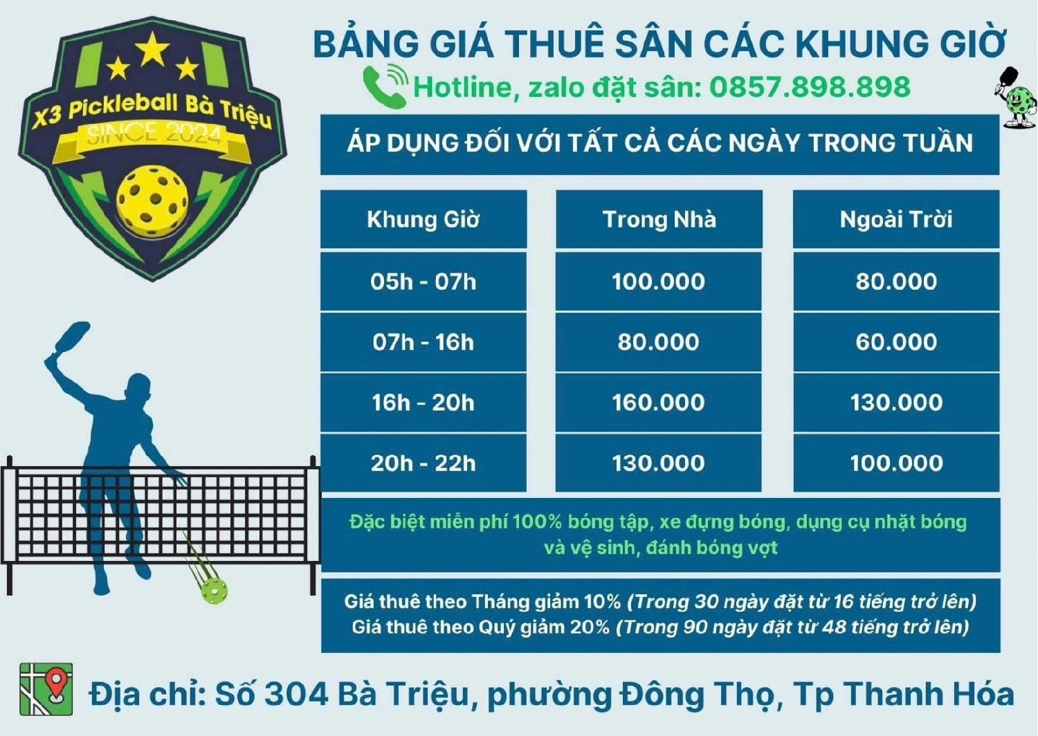 Giá thuê sân Pickleball X3 Bà Triệu