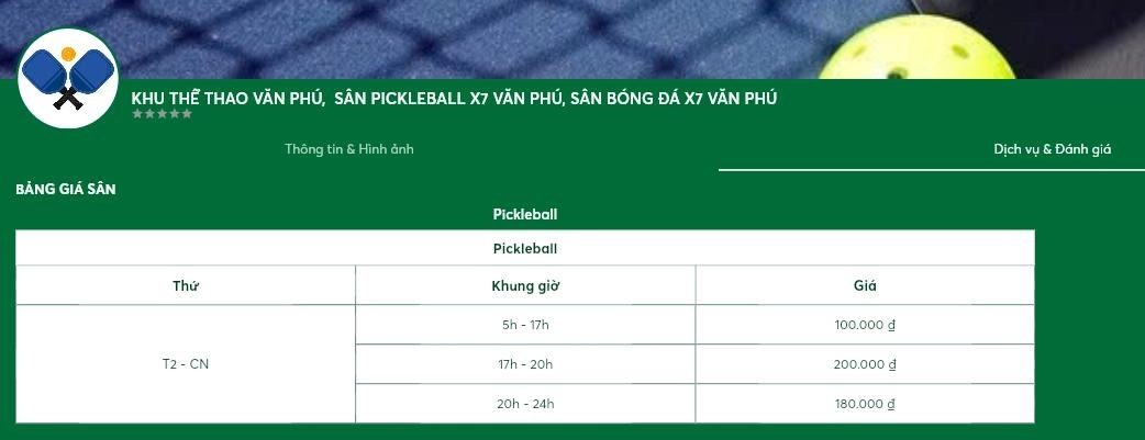 Bảng giá thuê Sân pickleball x7