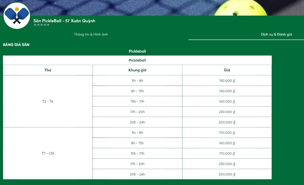 Bảng giá thuê sân pickleball 57 xuân quỳnh