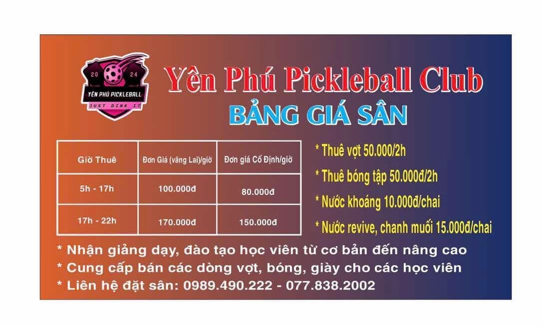 Giá thuê sân Pickleball Yên Phú