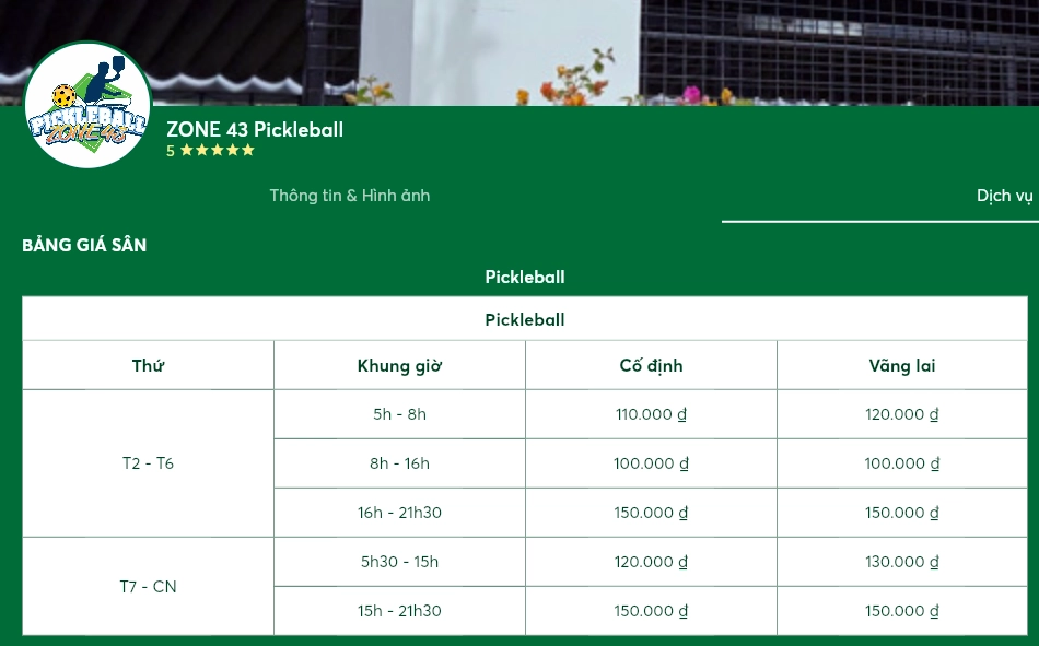 Giá thuê sân Pickleball Zone 43 Đà Nẵng