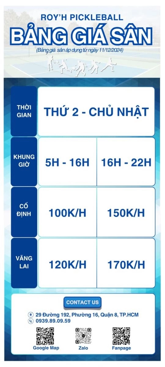 Giá thuê sân Roy'H Pickleball