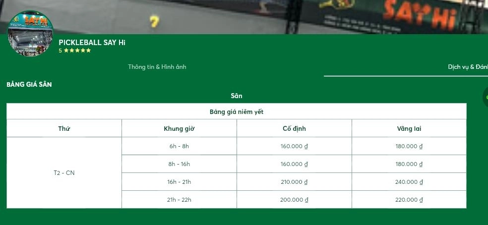 Bảng giá thuê sân Say Hi Pickleball