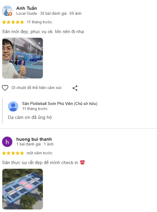 Đánh giá của người chơi tại sân SWIN Pickleball Phú Viên