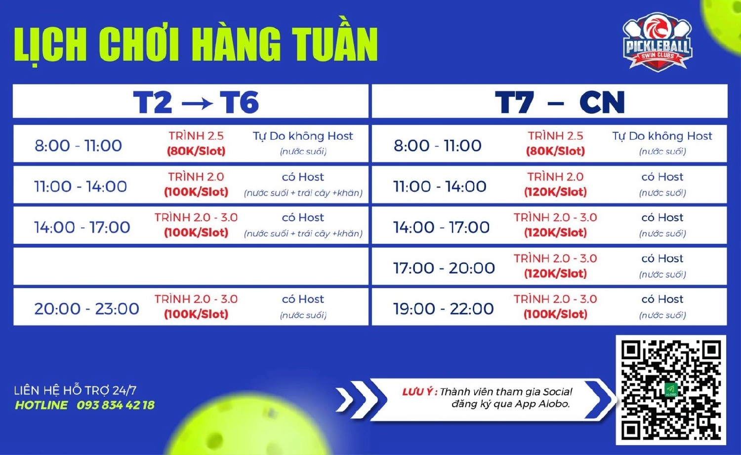 Bảng giá tham gia social tại sân swin pickleball quận 10