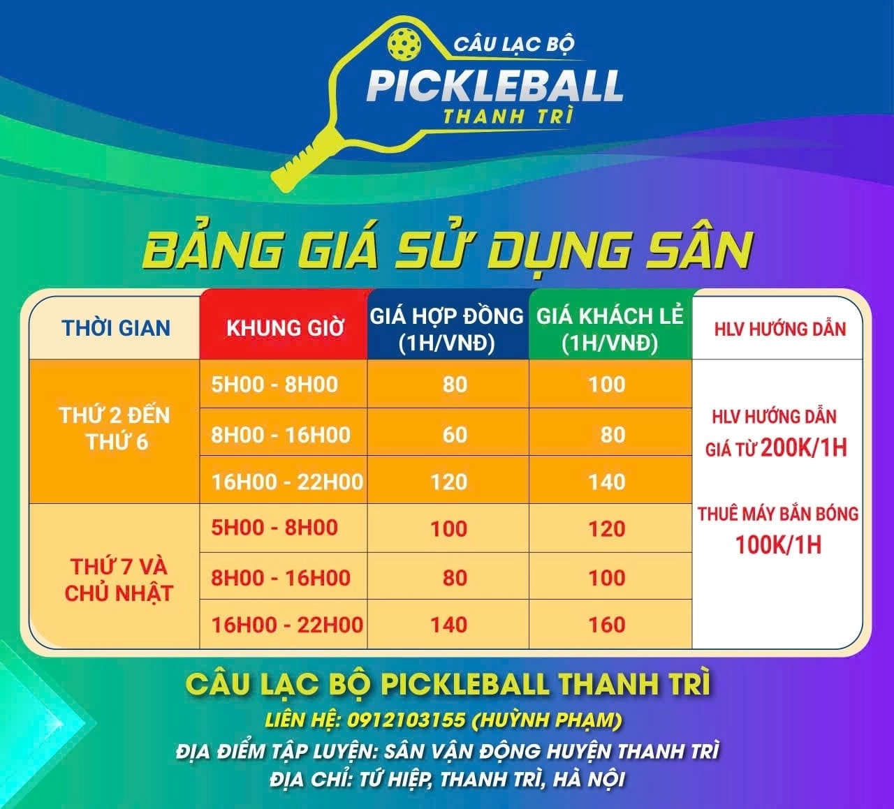 Giá thuê sân Thanh Trì Pickleball