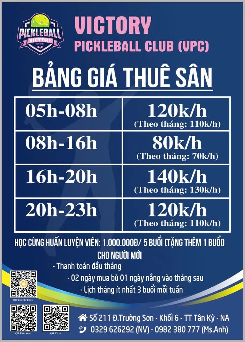 Giá thuê sân Victory Pickleball Club