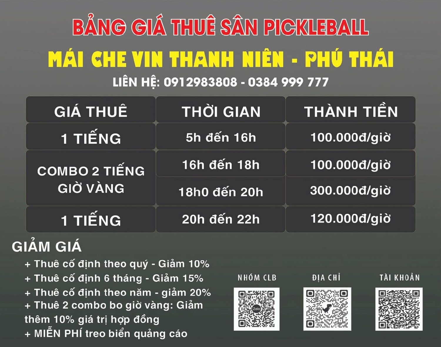 Giá thuê sân Pickleball Vin Pickleball Thanh Niên 2 Thái Nguyên 